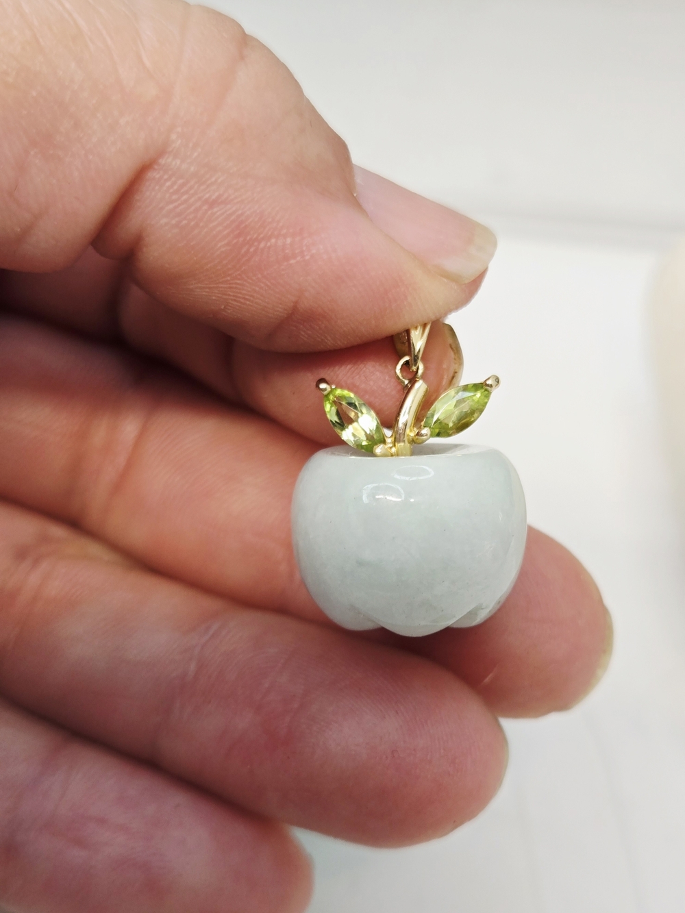 14k Gold Leaf Peridot and Light Green Jade Apple Pendant - Women Jewelry